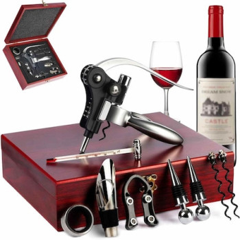 Set desfacător vin profesional 9 piese în cutie din lemn de trandafir