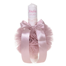 Lumânare de botez personalizată, cu tul și dantelă