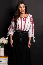 Ie tradițională albă Marioara cu broderie roșie